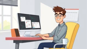 Cartoon-style freelancer sitting at desk with laptop, multiple client windows open on screen, calendar showing deadlines, coffee mug nearby, natural lighting from window, professional casual clothing, confident expression