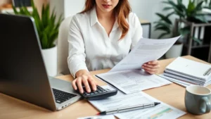 Professional woman sitting at desk with laptop and calculator, reviewing financial documents and tax forms, organized workspace with files and coffee cup, modern office setting with plants