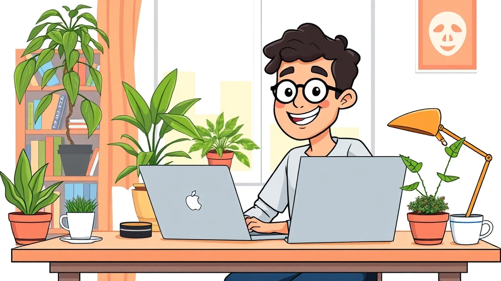 Cartoon illustration of a diverse freelancer working from a laptop at a home desk with coffee, plants, and a window showing sunlight. Happy expression, colorful workspace, professional but relaxed atmosphere.