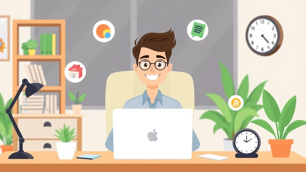 Cartoon professional sitting at desk with laptop, multiple client logos floating around, calendar and clock icons, happy confident expression, home office setting with plants
