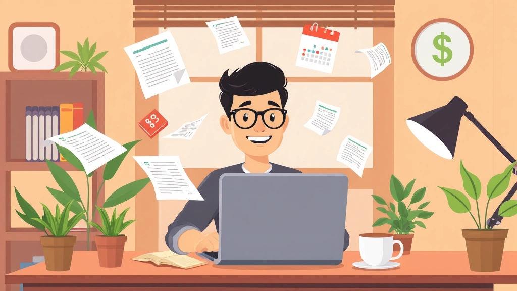Cartoon professional freelancer working at laptop surrounded by floating invoice documents, calendar, and dollar signs, warm home office setting with plants and coffee cup