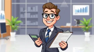 Cartoon professional holding clipboard with tax documents and calculator, smiling confidently, modern office setting with charts and graphs in background