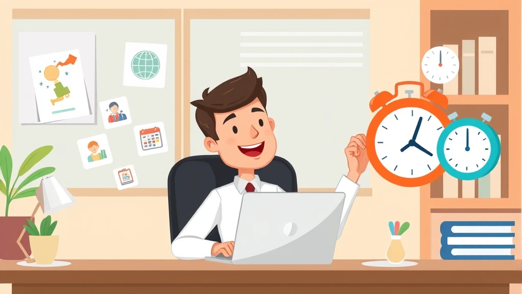 Cartoon professional sitting at desk with laptop and multiple floating project icons, holding calendar and clock, representing flexible 1099 work scheduling