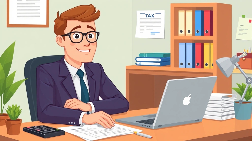 Professional contractor sitting at desk with laptop, calculator, and tax documents, cartoon style with warm office colors