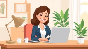Cartoon professional woman sitting at home desk with laptop, coffee cup, and plant nearby, smiling confidently while working, bright modern home office setting