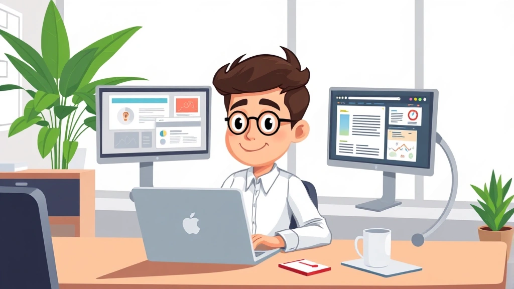 Cartoon professional sitting at desk with laptop, multiple screens showing different client projects, coffee cup and notepad nearby, bright modern office setting with plants