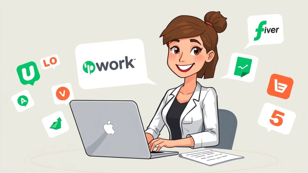 Cartoon professional woman sitting at laptop surrounded by floating platform logos like Upwork and Fiverr, smiling confidently with contract documents nearby