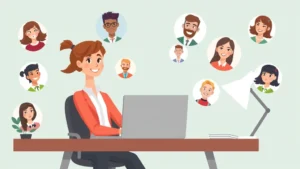 Cartoon professional sitting at desk with laptop and multiple client avatars floating around, representing diverse 1099 contract work opportunities and flexibility