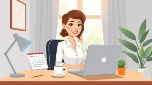 Cartoon professional woman sitting at home desk with laptop, coffee cup, and calendar showing flexible schedule, sunshine through window, happy expression, modern minimalist office setup