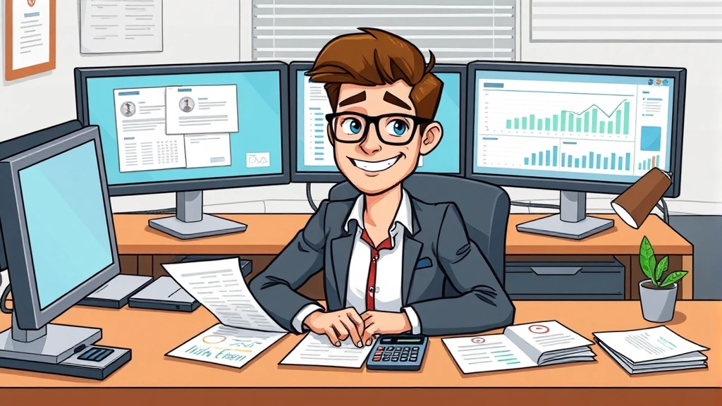 Cartoon illustration of a confident freelancer sitting at a desk with multiple computer monitors, calculator, and papers showing invoices and financial charts, professional office setting