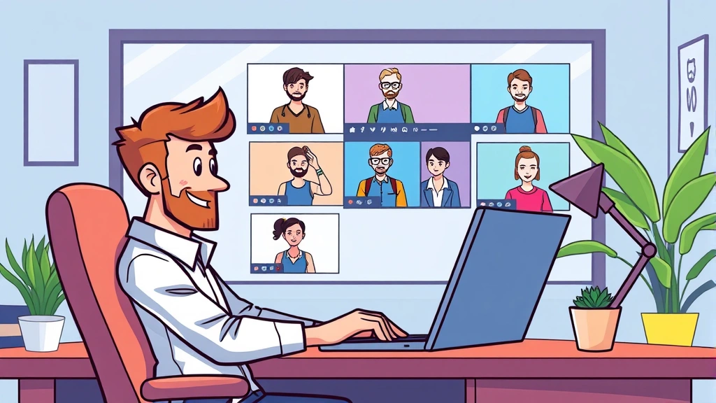 Cartoon illustration of a professional contractor working at laptop with multiple client video calls on screen, sitting at home office desk, bright colors, energetic mood