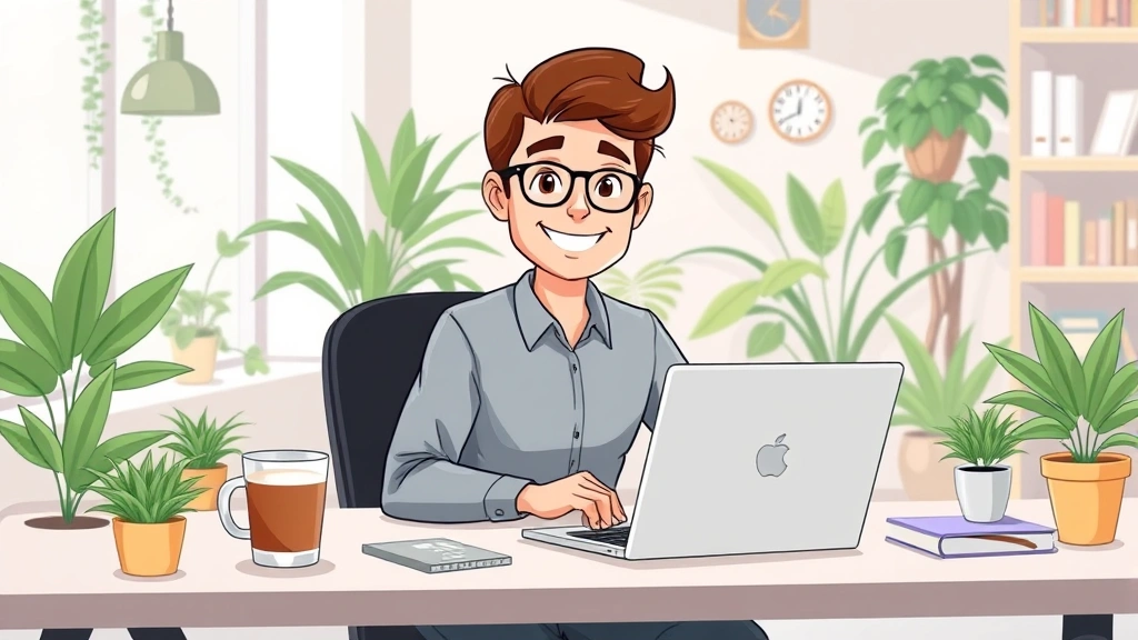 Professional freelancer working on laptop at modern desk with coffee cup, smiling confidently, diverse workspace background with plants and natural lighting, cartoon illustration style