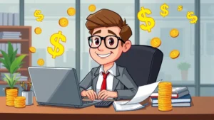 Cartoon professional sitting at desk with laptop, calculator, and financial documents, surrounded by glowing coins and dollar signs, confident expression, modern office setting
