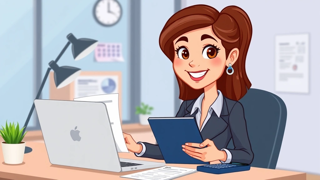 Cartoon professional woman at desk with laptop, calculator, and tax documents, confident smile, modern home office setup, bright colors