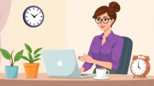 Cartoon professional woman working on laptop at home office with flexible schedule, coffee cup, plant, clock showing freedom and independence, vibrant colors