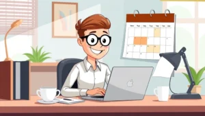 Cartoon professional freelancer working at desk with laptop, coffee cup, and calendar showing flexible schedule, bright workspace, happy expression