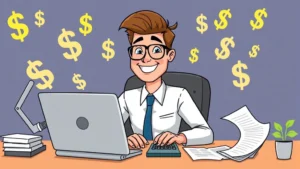 Cartoon professional sitting at desk with laptop and calculator, surrounded by floating dollar signs and financial documents, smiling confidently