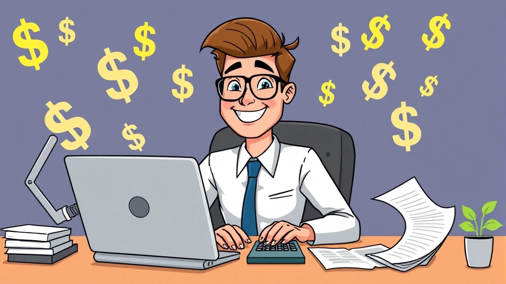 Cartoon professional sitting at desk with laptop and calculator, surrounded by floating dollar signs and financial documents, smiling confidently
