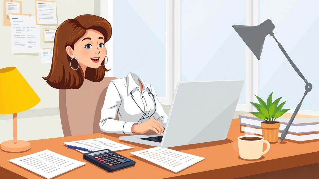 Professional woman working on laptop at home office desk surrounded by financial documents, calculator, and coffee cup, warm lighting, cartoon style illustration