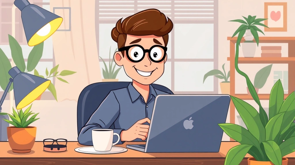 Cartoon professional freelancer working at laptop from home office, smiling with coffee cup, plants and warm lighting, illustrating 1099 contractor flexibility and independence