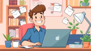 Cartoon freelancer sitting at desk with laptop, multiple project folders floating around, confident smile, colorful workspace with coffee cup and plants