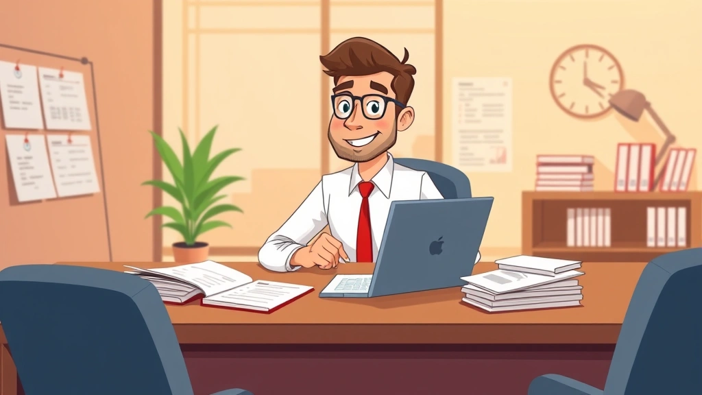 Professional contractor working confidently at desk with laptop, surrounded by financial documents and contract papers, modern office background, warm lighting, cartoon style illustration