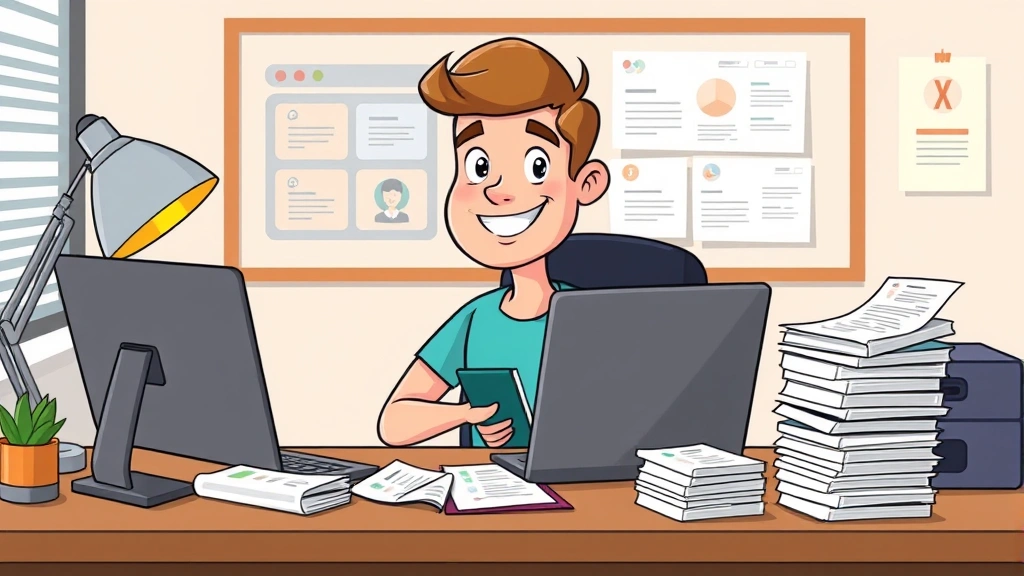 Cartoon freelancer sitting at desk with laptop, calculator, and stack of invoices, smiling confidently while managing multiple projects on computer screen