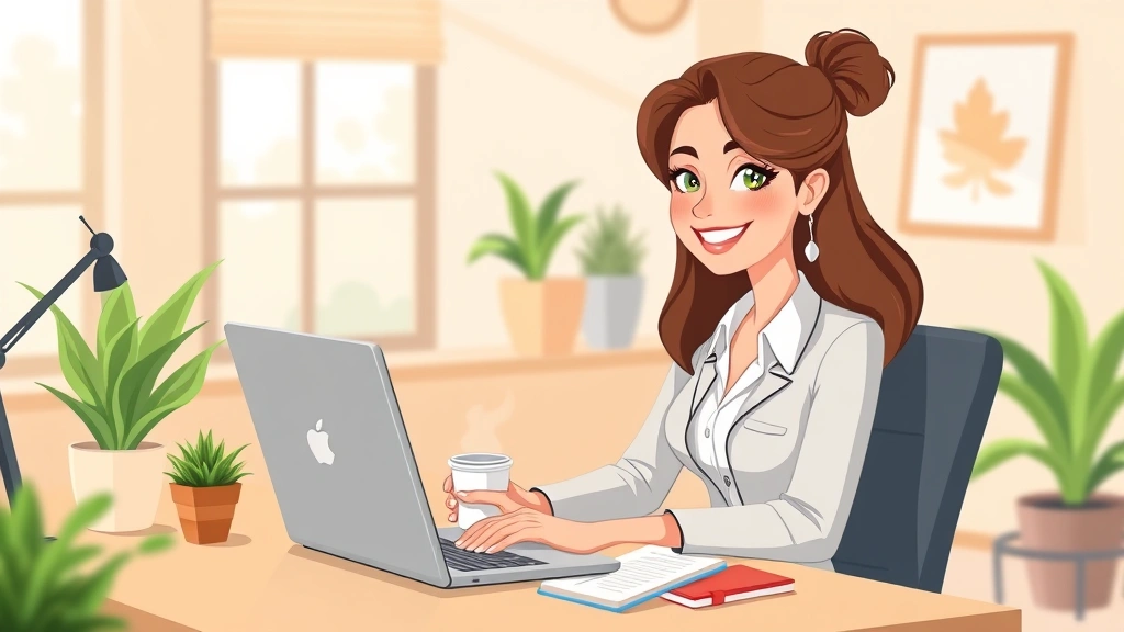Professional woman working at desk with laptop, coffee cup, and notebook, smiling confidently, modern home office setting with plants and natural lighting, cartoon illustration style