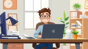 Cartoon professional freelancer sitting at home office desk with laptop, smiling confidently with stacks of invoices and calculator nearby, bright workspace