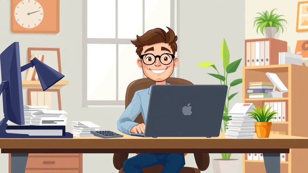 Cartoon professional freelancer sitting at home office desk with laptop, smiling confidently with stacks of invoices and calculator nearby, bright workspace