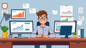 A cartoon freelancer sitting at a desk with multiple computer screens showing different client projects, colorful graphs, and calendar notifications around them, professional office environment with coffee cup