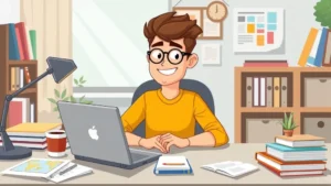 Cartoon freelancer working on laptop at home desk surrounded by colorful project files and coffee cup, smiling and focused, professional home office setting