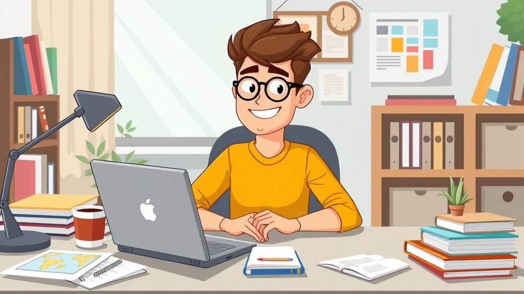 Cartoon freelancer working on laptop at home desk surrounded by colorful project files and coffee cup, smiling and focused, professional home office setting