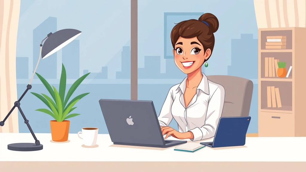 Professional woman sitting at modern desk with laptop, tablet, and coffee cup, smiling confidently in home office environment, cartoon style illustration, warm lighting
