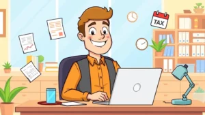 Cartoon professional contractor sitting at desk with laptop, surrounded by floating icons representing tax forms, invoices, calendar, and calculator, bright office setting, cheerful expression