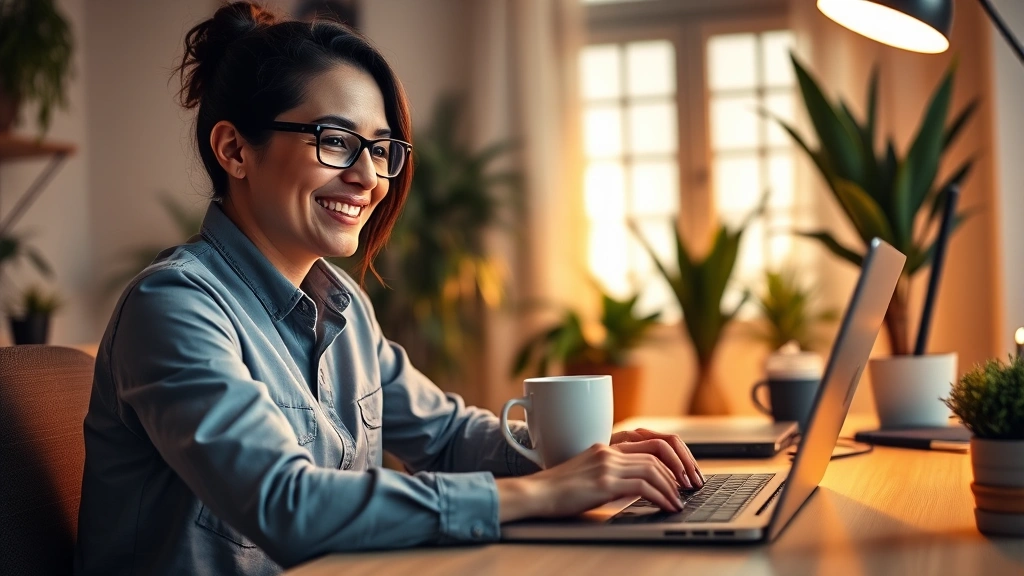 Professional freelancer working on laptop at home desk with coffee mug, smiling confidently, warm home office lighting, plants in background