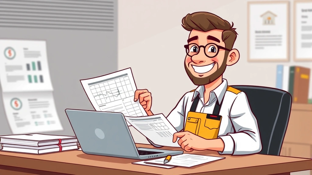 Cartoon professional contractor sitting at desk with laptop, calculator, and tax documents, smiling confidently while reviewing financial spreadsheets and business records