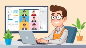 Cartoon professional contractor sitting at desk with laptop, multiple client video call windows open on screen, colorful interface showing project management tools and calendar