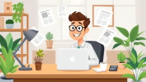 Cartoon professional sitting at desk with laptop, multiple floating project files around them, coffee cup and calculator visible, happy expression, working from home office setup with plants