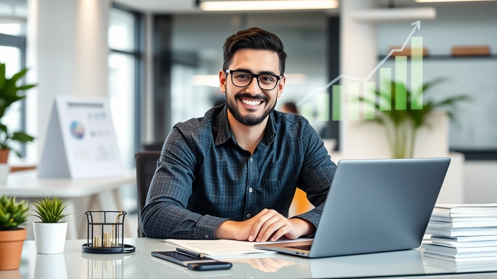 Professional contractor working at desk with laptop and documents, smiling confidently, surrounded by symbols of growth and financial charts, modern office environment