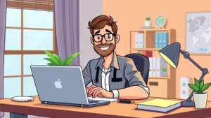 Professional contractor working at home office setup with laptop, coffee cup, and notebook, smiling confidently at desk with natural window light, cartoon illustration style