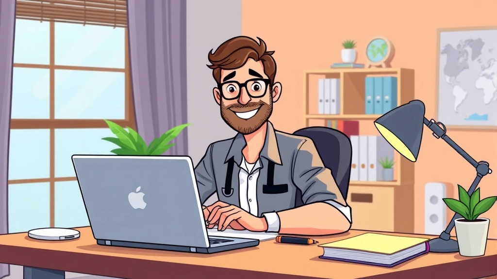 Professional contractor working at home office setup with laptop, coffee cup, and notebook, smiling confidently at desk with natural window light, cartoon illustration style