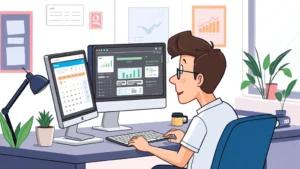 Cartoon illustration of a freelancer at a desk with multiple computer screens showing client projects, calendar, and invoicing software, professional office setting with plants and coffee cup