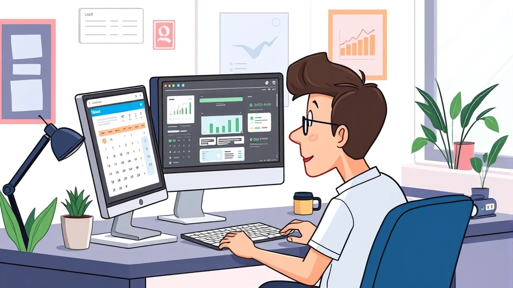 Cartoon illustration of a freelancer at a desk with multiple computer screens showing client projects, calendar, and invoicing software, professional office setting with plants and coffee cup