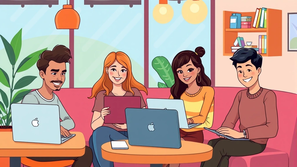 Cartoon illustration of diverse freelancers working remotely on laptops, sitting in coffee shops and home offices, smiling and focused, vibrant professional atmosphere