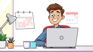 Cartoon freelancer sitting at desk with laptop, coffee cup, and calendar showing flexible schedule, smiling confidently with laptop screen glowing, professional casual attire, bright workspace