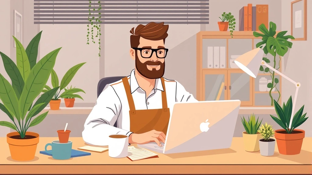 Professional contractor working at laptop in modern home office with coffee cup, plants, and organized desk setup, cartoon style with warm colors