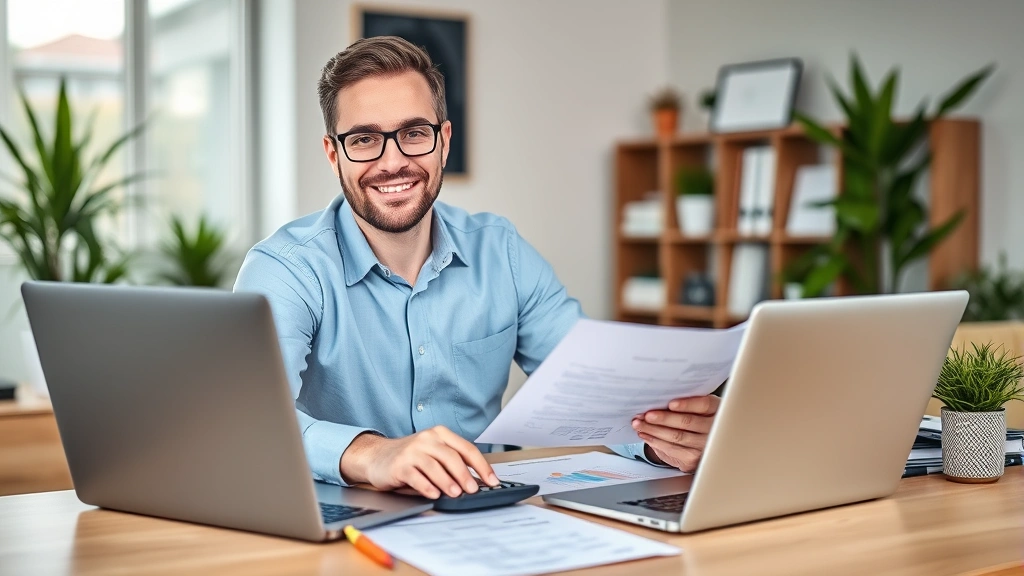 Professional independent contractor at desk with laptop, calculator, and tax documents, reviewing financial statements with confident expression, modern home office setting
