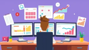 Cartoon professional sitting at desk with multiple computer screens showing different client projects, colorful calendar, invoices, and growth charts floating around, bright energetic style