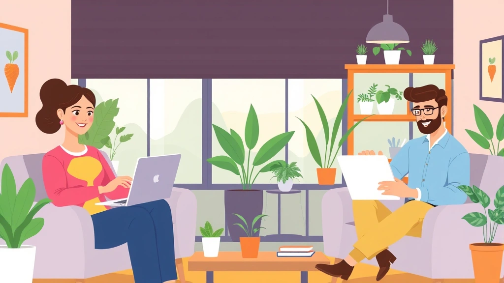 Diverse professionals working remotely on laptops and tablets in modern home offices, colorful workspace setup with plants and natural light, cartoon style illustration